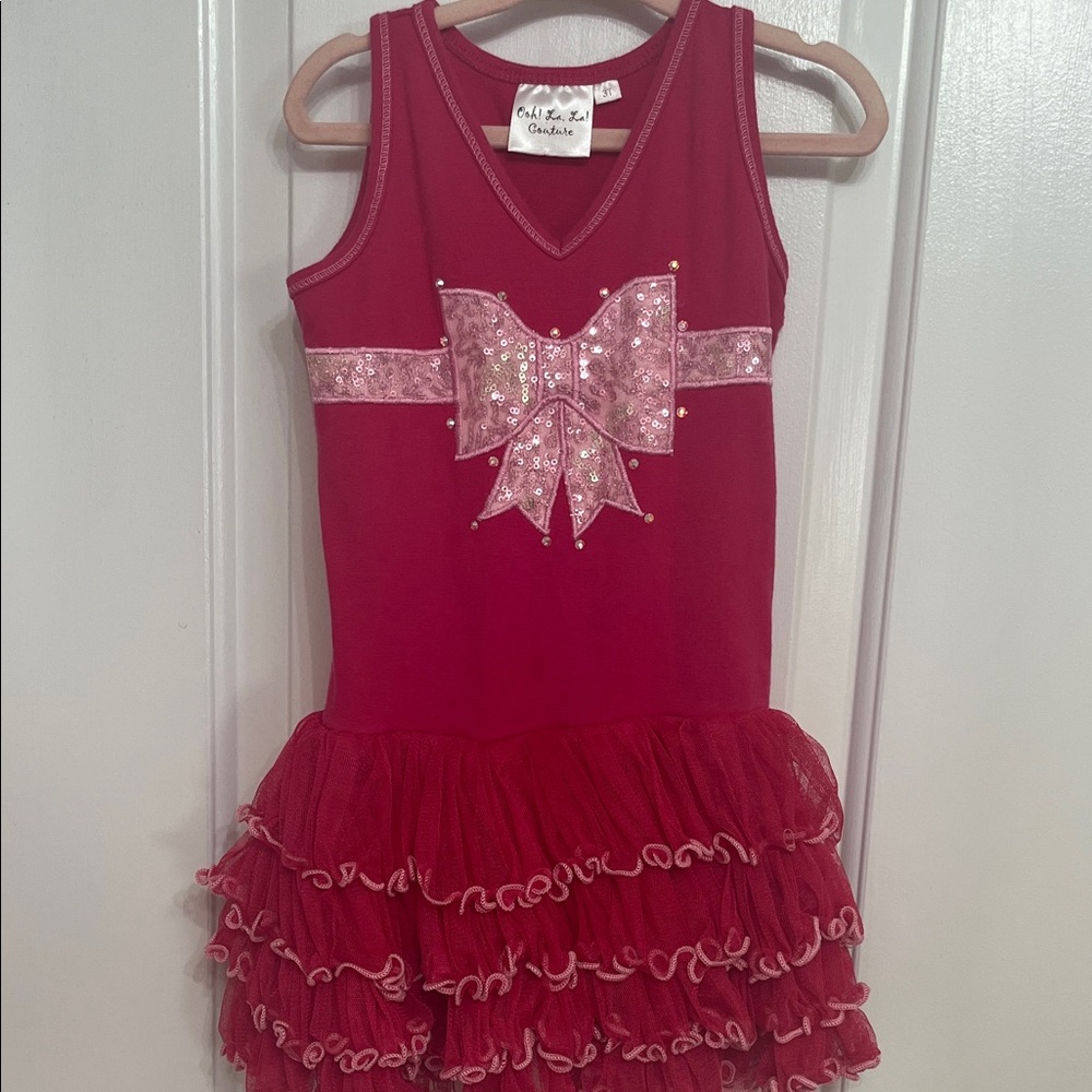 Ooh! La La Couture Girls' Pink Bow Ruffle Party Dress 3t
